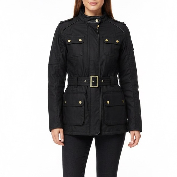 barbour international Jackets & Blazers - Authentic Barbour Belted Waxed Jacket - Black - Leather Trim Sz US 8 UK 12